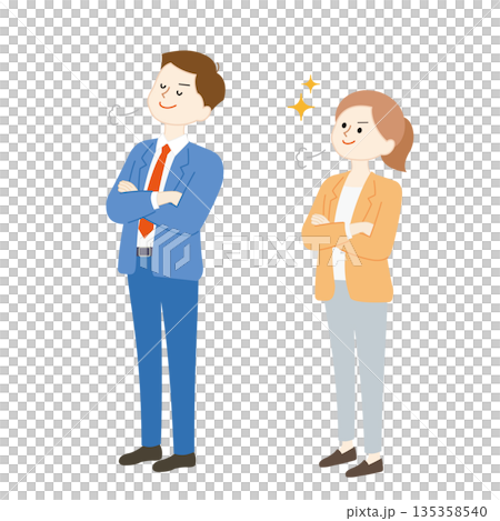商業場景插圖,描繪了一位驕傲自大的男士和一位傲慢的女士。 商業場景插圖,描繪了一位驕傲自大的男士和一位傲慢的女士。 135358540
