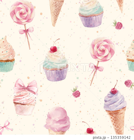 Summer seamless pattern with hand drawn watercolor ice cream, cupcakes and candy. Sweet pastel pink texture in modern playful style, perfect for fabric, textile prints, wallpaper, wrapping paper and 135359142