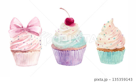 Watercolor sweets clipart set. Hand painted cupcakes, in soft pastel colors. Cute dessert collection with gentle texture, perfect for kids and baby designs, nursery decor, birthday invitations, party 135359143
