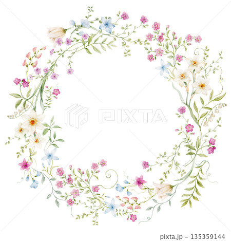 Watercolor floral wreath clipart with gentle wildflowers and green foliage. Soft botanical frame in natural meadow style, ideal for wedding stationery, baby and girls designs, fashion, textile and 135359144