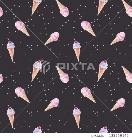 Summer seamless watercolor pattern with hand drawn ice cream cones. Sweet pastel texture with light polka dots in a modern playful style, perfect for fabric, textile prints, wallpaper, wrapping paper Summer seamless watercolor pattern with hand drawn ice cream cones. Sweet pastel texture with light polka dots in a modern playful style, perfect for fabric, textile prints, wallpaper, wrapping paper 135359145