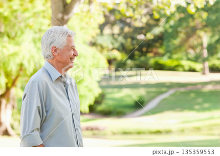 Senior man standing in park, gazing across grassy expanse, wearing button-up shirt, copy space 135359553