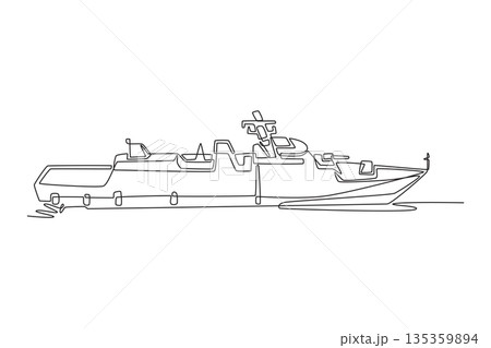 Single one line drawing modern naval destroyer or frigate. Sharp bow, radar masts, powerful hull for maritime defense and ocean patrol missions. Continuous line draw design graphic vector illustration 135359894