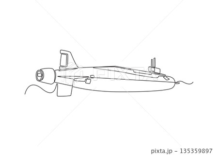 Continuous one line drawing powerful naval military submarine vessel navigating underwater. Periscope structure for stealthy ocean reconnaissance. Single line draw design vector graphic illustration 135359897