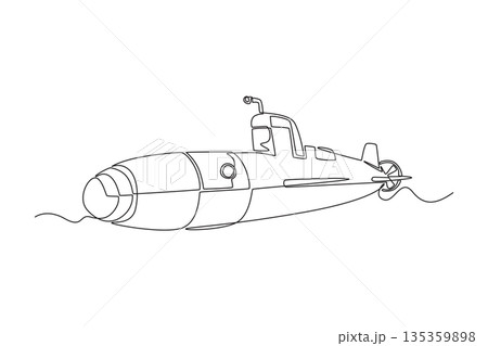 Continuous one line drawing tactical attack submarine. Rounded bow, conning tower, rear propeller as it move silently beneath surface of deep ocean. Single line draw design vector graphic illustration 135359898