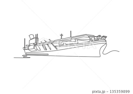 Continuous one line drawing massive naval warship destroyer sailing on sea. Complex deck for maritime security, military defense, ocean patrolling. Single line draw design vector graphic illustration 135359899
