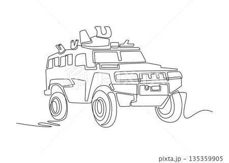 Single continuous line drawing tactical all-terrain vehicle. Rugged feature military equipment. Suited for scouting, defense, tactical service imagery. One line draw graphic design vector illustration 135359905