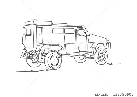 Single continuous line drawing armored police response vehicle. Reinforced chassis, tall tires, and boxy frame designed for high-risk tactical events. One line draw graphic design vector illustration Single continuous line drawing armored police response vehicle. Reinforced chassis, tall tires, and boxy frame designed for high-risk tactical events. One line draw graphic design vector illustration 135359906