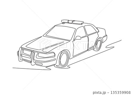 Single continuous line drawing traditional police interceptor car. Overhead emergency light bar, sturdy frame built for patrol and high-speed chases. One line draw graphic design vector illustration 135359908