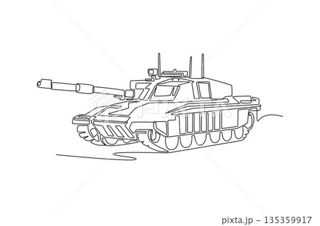Single one line drawing powerful armored vehicle. Heavy treads, rotating turret, long barrel of modern main battle tank for military combat use. Continuous line draw design graphic vector illustration Single one line drawing powerful armored vehicle. Heavy treads, rotating turret, long barrel of modern main battle tank for military combat use. Continuous line draw design graphic vector illustration 135359917