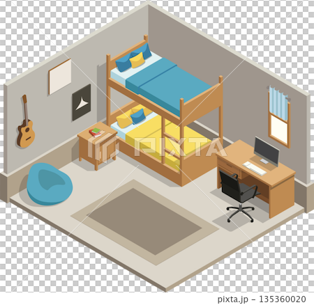 Teenage boy bedroom interior with bunk bed 135360020