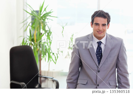 Businessman in gray suit standing in office by large windows with chair and plant, copy space 135360518
