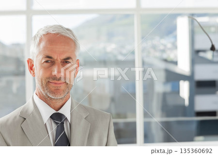 Middle-aged man standing in light gray suit and striped tie at office grid window, copy space Middle-aged man standing in light gray suit and striped tie at office grid window, copy space 135360692