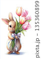 Funny watercolor rabbit struggling to wrap tulips with ribbon on a clean white background 135360899