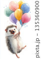 Watercolor hedgehog holding colorful balloons in a playful soft pastel vertical greeting layout 135360900