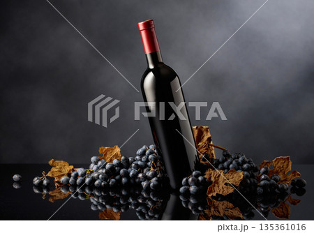 Bottle of red wine with blue grapes on a black reflective background. Bottle of red wine with blue grapes on a black reflective background. 135361016