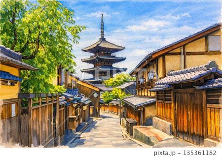 京都イメージ　京都　八坂の塔　法観寺　五重塔　水彩画 135361182
