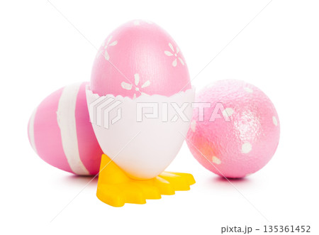 Colorful pink eggs with a chick design for a festive spring celebration Colorful pink eggs with a chick design for a festive spring celebration 135361452