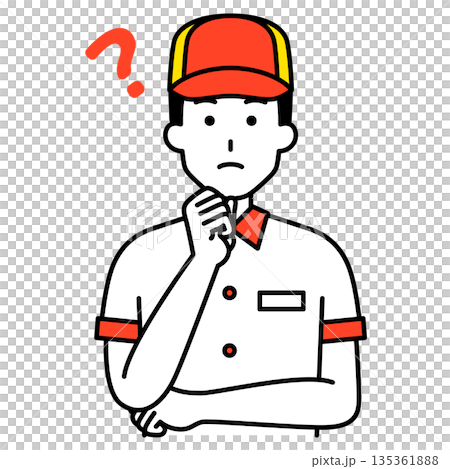 A male fast food restaurant employee thinking of an idea A male fast food restaurant employee thinking of an idea 135361888
