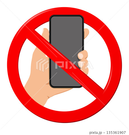 Hand with smartphone in red ban sign isolated on white background. Not use mobile phone concept. Hand with smartphone in red ban sign isolated on white background. Not use mobile phone concept. 135361907