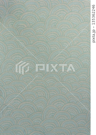 Muted gray-green brocade fabric texture with  wave pattern and metallic threads, textile collection 135362246