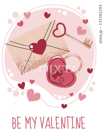 Greeting card template with envelope, lock and key in flat style. Valentine's day, love letter, wedding, anniversary, proposal. Secret love concept. For invitation, social media, banner, romantic gift 135362293