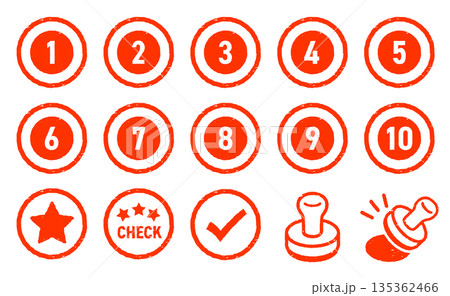 イラストスタンプラリーのイラストアイコンセット。インク掠れのテクスチャーが入った赤いハンコの印面。 135362466