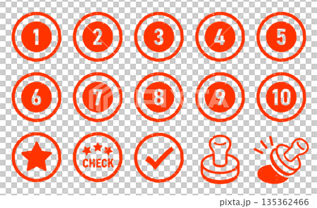 イラストスタンプラリーのイラストアイコンセット。インク掠れのテクスチャーが入った赤いハンコの印面。 135362466