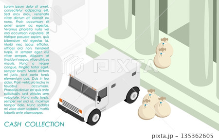 Isometric armored bank car stands at the entrance to bank waiting for loading of money bags for transportation. Isolated cartoon vector concept on white background top view Isometric armored bank car stands at the entrance to bank waiting for loading of money bags for transportation. Isolated cartoon vector concept on white background top view 135362605
