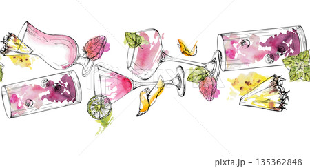 Fuchsia and rose cocktail set, tropical milkshake with pineapple wedge, berry lemonade or juice, citrus peels and wheels, mint hand painted in watercolor and ink. Bar party menu, cafe print decor. 135362848