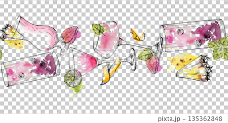 Fuchsia and rose cocktail set, tropical milkshake with pineapple wedge, berry lemonade or juice, citrus peels and wheels, mint hand painted in watercolor and ink. Bar party menu, cafe print decor. 135362848