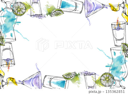 Airy watercolor and ink frame border of cool electric cocktails and shots in turquoise and lavender hues with line and lemon garnish. Hand drawn for summer bar menus, posters, or tropical branding. Airy watercolor and ink frame border of cool electric cocktails and shots in turquoise and lavender hues with line and lemon garnish. Hand drawn for summer bar menus, posters, or tropical branding. 135362851