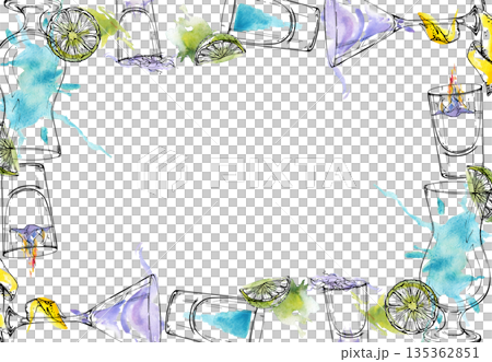 Airy watercolor and ink frame border of cool electric cocktails and shots in turquoise and lavender hues with line and lemon garnish. Hand drawn for summer bar menus, posters, or tropical branding. Airy watercolor and ink frame border of cool electric cocktails and shots in turquoise and lavender hues with line and lemon garnish. Hand drawn for summer bar menus, posters, or tropical branding. 135362851