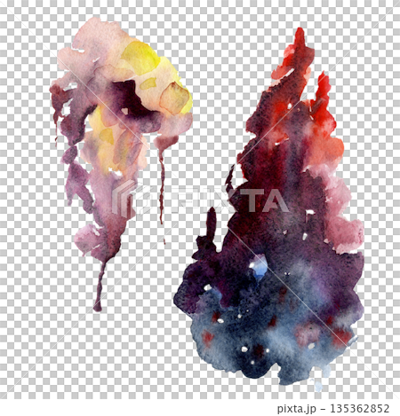 Deep watercolor drip in burgundy and indigo tones, pastel splash with vertical flow of flowers, silk fabric or aroma trails. Hand drawn isolated illustration for dark fantasy art, expressive design. 135362852