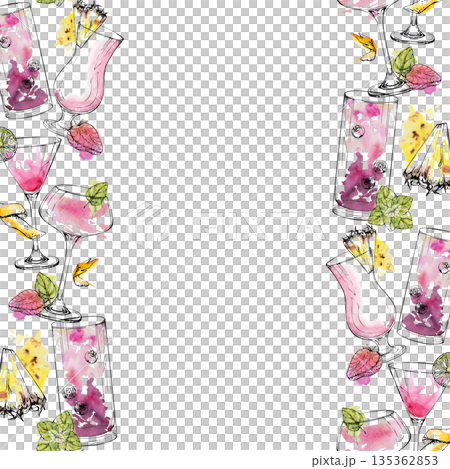 Berry pink daiquiri, mojito and cosmopolitan, milkshake, fruit juice and lemonade. Coupe, highball, hurricane glasses. Hand drawn watercolor outlined in ink, double seamless border. Recipe art, menu 135362853