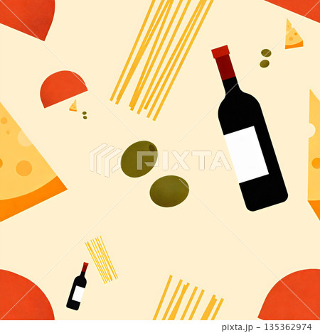Wine cheese pasta and olives on a beige background 135362974