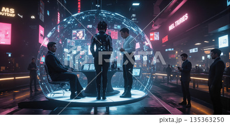 Metaverse Business Meeting in a Floating Digital Sphere A team of corporate avatars, each wearing unique holographic attire, meets inside 135363250