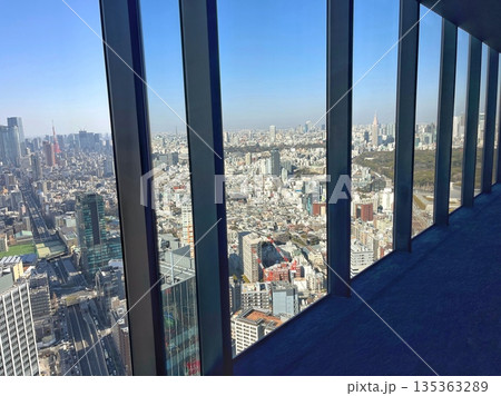窓枠越しに見る東京タワーと都心の絶景 展望台からの青空とビル群 窓枠越しに見る東京タワーと都心の絶景 展望台からの青空とビル群 135363289