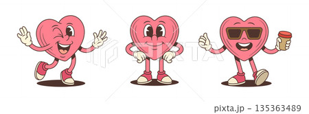 A Groovy Pink Heart Character Mascot In Different Poses Cartoon Vector Illustration A Groovy Pink Heart Character Mascot In Different Poses Cartoon Vector Illustration 135363489