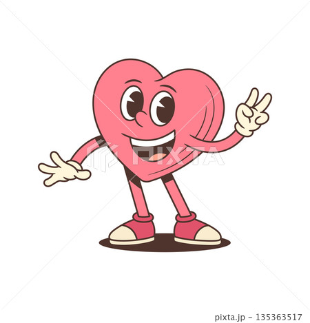 Happy Pink Heart Retro Cartoon Character Showing Peace Sign Vector Illustration Happy Pink Heart Retro Cartoon Character Showing Peace Sign Vector Illustration 135363517