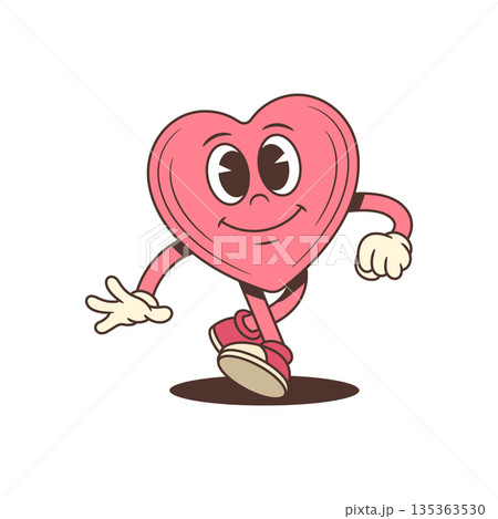 Funny Walking Pink Heart In A Retro Style Cartoon Character Vector Illustration 135363530