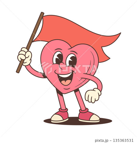 Joyful Pink Heart With A Waving Flag Cartoon Character Vector Illustration Joyful Pink Heart With A Waving Flag Cartoon Character Vector Illustration 135363531