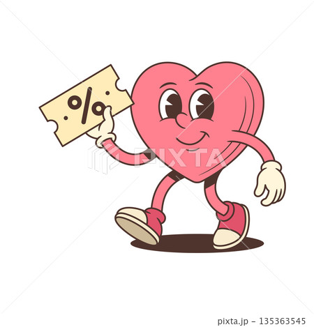 Walking Pink Heart Character Holding A Discount Coupon Cartoon Vector Illustration 135363545