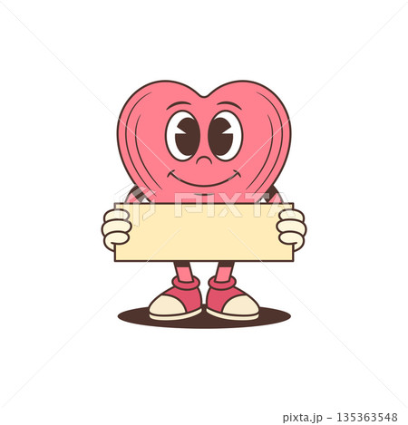 Cute Retro Pink Heart Character Holding A Blank Sign Cartoon Vector Illustration 135363548