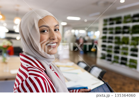 Professional woman wearing hijab working on tablet at coworking table with papers and green wall Professional woman wearing hijab working on tablet at coworking table with papers and green wall 135364060