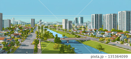 緑と水辺が調和する美しい街並み 明るく楽しい暮らしの都市風景 緑と水辺が調和する美しい街並み 明るく楽しい暮らしの都市風景 135364099