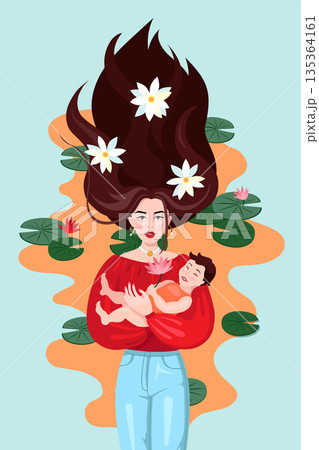Asian mother with son and lotus flowers 135364161
