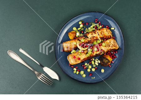 Grilled salmon fillets, grilled seafood. 135364215