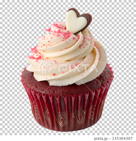 Sweet valentine's treat, perfect red velvet cupcake topped with a heart-shaped decoration, ideal for romantic events and bakery advertising 135364307