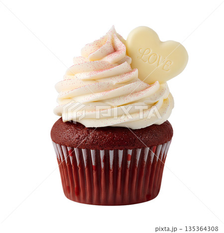 Delicious red velvet cupcake with cream cheese frosting and a decorative love heart topper, isolated on transparent background Delicious red velvet cupcake with cream cheese frosting and a decorative love heart topper, isolated on transparent background 135364308